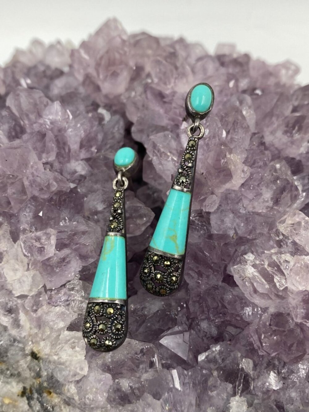 Vintage Sterling Silver Turquoise Marcasite Dangl…